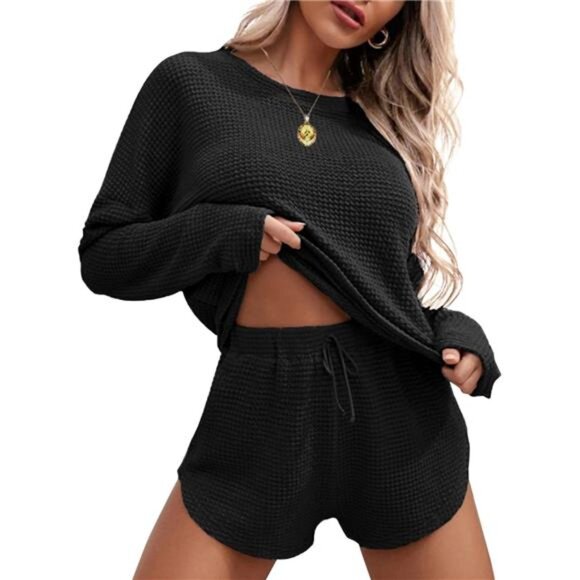 Womens Waffle Knit Pajama Sets Black